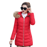 Maxbell women red medium down jackets fluffy collar hoodie coat zipper outwear L