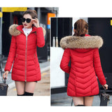 Maxbell women red medium down jackets fluffy collar hoodie coat zipper outwear L