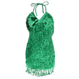 Maxbell Women Latin Ballroom Dance Costume Sequins Tassel Slip Dress Green