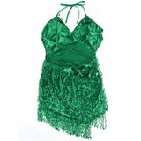 Maxbell Women Latin Ballroom Dance Costume Sequins Tassel Slip Dress Green