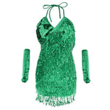 Maxbell Women Latin Ballroom Dance Costume Sequins Tassel Slip Dress Green
