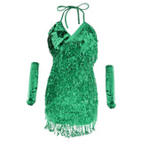 Maxbell Women Latin Ballroom Dance Costume Sequins Tassel Slip Dress Green