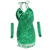 Maxbell Women Latin Ballroom Dance Costume Sequins Tassel Slip Dress Green