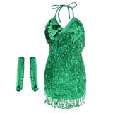 Maxbell Women Latin Ballroom Dance Costume Sequins Tassel Slip Dress Green