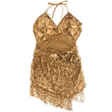 Maxbell Women Latin Ballroom Dance Costume Sequins Tassel Slip Dress Gold