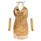Maxbell Women Latin Ballroom Dance Costume Sequins Tassel Slip Dress Gold