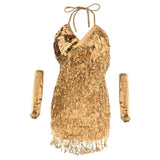 Maxbell Women Latin Ballroom Dance Costume Sequins Tassel Slip Dress Gold