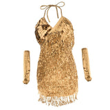 Maxbell Women Latin Ballroom Dance Costume Sequins Tassel Slip Dress Gold
