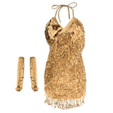 Maxbell Women Latin Ballroom Dance Costume Sequins Tassel Slip Dress Gold