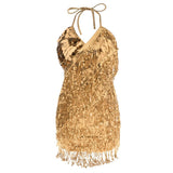 Maxbell Women Latin Ballroom Dance Costume Sequins Tassel Slip Dress Gold