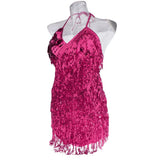 Maxbell Women Latin Ballroom Dance Costume Sequins Tassel Slip Dress Rose Red