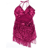 Maxbell Women Latin Ballroom Dance Costume Sequins Tassel Slip Dress Rose Red