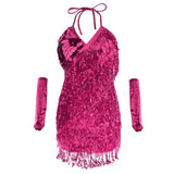 Maxbell Women Latin Ballroom Dance Costume Sequins Tassel Slip Dress Rose Red