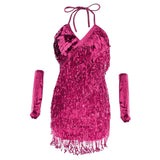 Maxbell Women Latin Ballroom Dance Costume Sequins Tassel Slip Dress Rose Red
