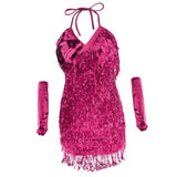 Maxbell Women Latin Ballroom Dance Costume Sequins Tassel Slip Dress Rose Red