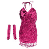 Maxbell Women Latin Ballroom Dance Costume Sequins Tassel Slip Dress Rose Red