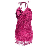Maxbell Women Latin Ballroom Dance Costume Sequins Tassel Slip Dress Rose Red
