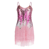 Maxbell Women's Strap Latin Dance Dress Sequin Tassel Rhythm Ballroom Skirt Pink