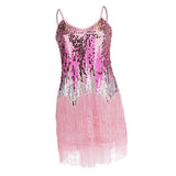 Maxbell Women's Strap Latin Dance Dress Sequin Tassel Rhythm Ballroom Skirt Pink