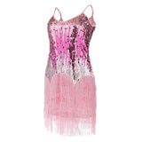 Maxbell Women's Strap Latin Dance Dress Sequin Tassel Rhythm Ballroom Skirt Pink