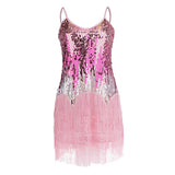 Maxbell Women's Strap Latin Dance Dress Sequin Tassel Rhythm Ballroom Skirt Pink