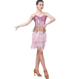 Maxbell Women's Strap Latin Dance Dress Sequin Tassel Rhythm Ballroom Skirt Pink