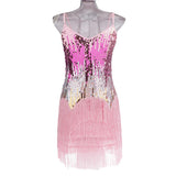 Maxbell Women's Strap Latin Dance Dress Sequin Tassel Rhythm Ballroom Skirt Pink