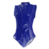 Maxbell Women Clothes Leather Bodysuit Sleeveless Zipper Bodycon Jumpsuit Blue M