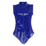 Maxbell Women Clothes Leather Bodysuit Sleeveless Zipper Bodycon Jumpsuit Blue M