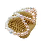 Womens Pink White Pearls Magic Elastic Hair Clips Stretchy Double Hair Combs