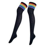 Maxbell Lady Stripes Over Knee High Stockings Cosplay Long Party Socks Leg Warmer Black with Colorful Stripe