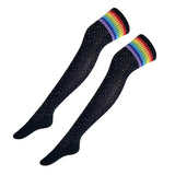 Maxbell Lady Stripes Over Knee High Stockings Cosplay Long Party Socks Leg Warmer Black with Colorful Stripe