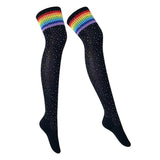 Maxbell Lady Stripes Over Knee High Stockings Cosplay Long Party Socks Leg Warmer Black with Colorful Stripe