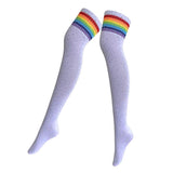 Lady Stripes Over Knee High Stockings Cosplay Long Party Socks Leg Warmer White with Colorful Stripe