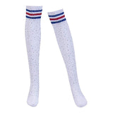 Lady Stripes Over Knee High Stockings Cosplay Long Party Socks Leg Warmer White with Red Blue Stripe