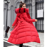 Maxbell Faux Fur Hooded Long Down Puffer Womens Coat Zipper Quilted Jacket Red M