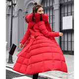 Maxbell Faux Fur Hooded Long Down Puffer Womens Coat Zipper Quilted Jacket Red XL