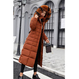 Maxbell Faux Fur Hooded Long Down Puffer Womens Coat Zipper Quilted Jacket Brown XL