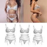 Maxbell 3 Pieces Set Women Drilling Rhinestone Chain Bra Panty Set with Suspender M