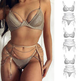 Maxbell 3 Pieces Set Women Drilling Rhinestone Chain Bra Panty Set with Suspender L