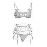 Maxbell 3 Pieces Set Women Drilling Rhinestone Chain Bra Panty Set with Suspender L