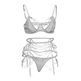 Maxbell 3 Pieces Set Women Drilling Rhinestone Chain Bra Panty Set with Suspender L