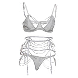 Maxbell 3 Pieces Set Women Drilling Rhinestone Chain Bra Panty Set with Suspender L