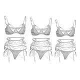 Maxbell 3 Pieces Set Women Drilling Rhinestone Chain Bra Panty Set with Suspender L