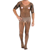 Maxbell Men Gay Sexy Bodystocking Rhinestones Fishnet Jumpsuit Pantyhose Short Sleeve