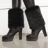 Ladies Solid Faux Fur Leg Warmer Winter Boots Shoes Cuff Sleeve Topper Black