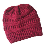 Maxbell Womens Messy Bun Ponytail Crochet Knitted Winter Beanie Hat Cap Wine Red