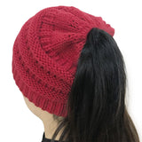 Maxbell Womens Messy Bun Ponytail Crochet Knitted Winter Beanie Hat Cap Wine Red