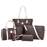 6pcs/Set Leather Handbag Shoulder Bags Purse Messenger Clutch Bags Coffee
