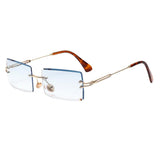 Maxbell Vintage Rectangle Cut Rimless Sunglasses Designer Tinted Lens Eyewear Blue